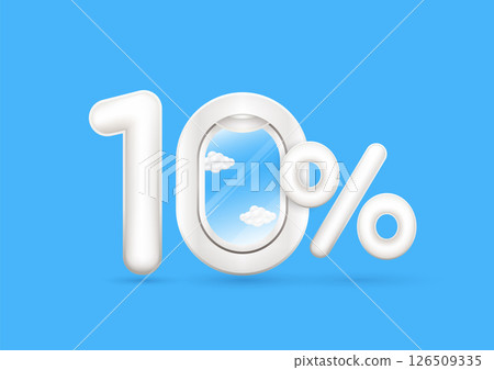 Travel season promotion up to 10 off. Number one and cloud in airplane window with the percent symbol is in front on a blue background. For design tourism advertising media. 3D Vector. 126509335