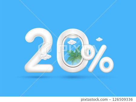 Travel season promotion up to 20 off. Number two and coconut tree cloud in airplane window with the percent symbol front on a blue background. For design tourism advertising media. 3D Vector. 126509336