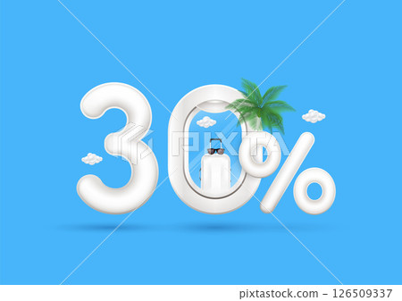 Travel season promotion up to 30 off. Number three airplane window luggage bag inside with the percent symbol coconut tree front on a blue background. For design tourism advertising media. 3D Vector. 126509337