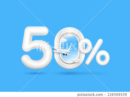 Travel season promotion up to 50 off. Number five and cloud in plane window with the percent symbol is in front with airplane on a blue background. For design tourism advertising media. 3D Vector. 126509339