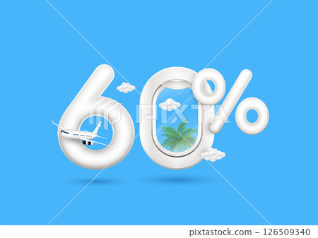 Travel season promotion up to 60 off. Airplane floats out of the number six and plane window with the percent symbol front on a blue background. For design tourism advertising media. 3D Vector. 126509340