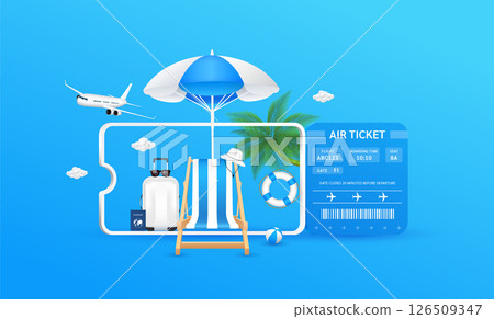 Passport luggage bag hats glasses in ticket. Deck chair umbrellas are in front. Airplane clouds floating around. Air travel and tourism concept. Vector EPS10 illustration. Passport luggage bag hats glasses in ticket. Deck chair umbrellas are in front. Airplane clouds floating around. Air travel and tourism concept. Vector EPS10 illustration. 126509347