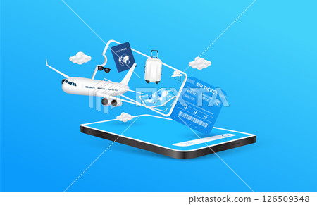 Airplane floats out of the ticket with passport and luggage bag. Clouds, hats, glasses, map floating around on smartphone. Air travel and tourism concept. Vector EPS10 illustration. 126509348