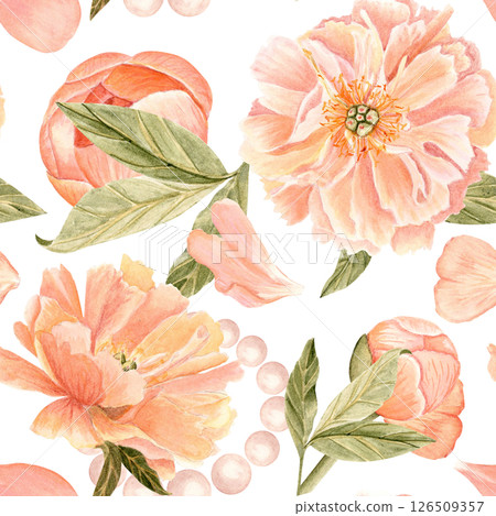 Romantic peonies, petals, leaves and pearls seamless floral watercolor pattern isolated on white background, perfect for wedding invitations, stationery, branding, packaging, and elegant event design 126509357