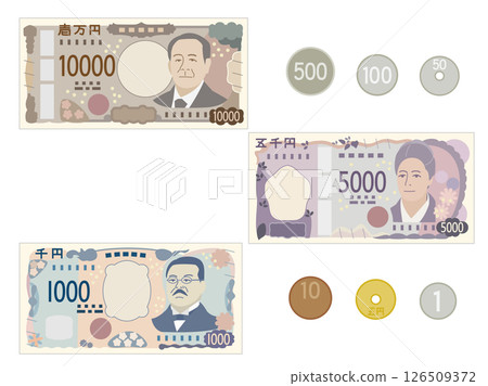 一套新的紙幣和硬幣插圖 一套新的紙幣和硬幣插圖 126509372