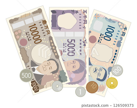一套新的紙幣和硬幣插圖 一套新的紙幣和硬幣插圖 126509373