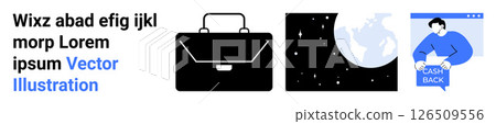 Business briefcase, night sky with Earth, person on smartphone screen with cashback text. Ideal for business, travel, finance, e-commerce, mobile apps, education, presentations. Landing page 126509556