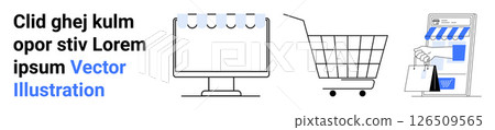 Desktop with awning, shopping cart, and storefront with shopping bags convey e-commerce themes. Ideal for online shopping, marketing, advertisements, websites, retail, digital stores, promotions 126509565