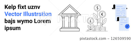 Columns of ancient bank, coin trees representing financial growth, and legal documents with a checked list. Ideal for finance, banking, investment, savings, legal, economic analysis, and education Columns of ancient bank, coin trees representing financial growth, and legal documents with a checked list. Ideal for finance, banking, investment, savings, legal, economic analysis, and education 126509590