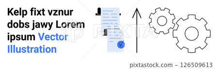 Documents with checkmark, black upward arrow, gearing symbols. Ideal for business strategies, process improvement, productivity, data flow, team coordination, project management. Landing page 126509613