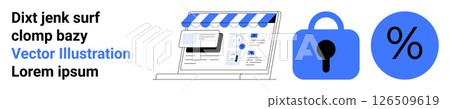 Online store with a blue awning and search bar, accompanied by a blue padlock and percentage sign icons. Ideal for eCommerce, online security, sales, promotions, web development, digital marketing Online store with a blue awning and search bar, accompanied by a blue padlock and percentage sign icons. Ideal for eCommerce, online security, sales, promotions, web development, digital marketing 126509619