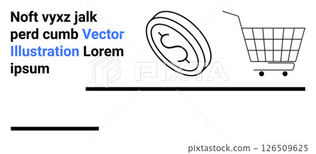 Coin with dollar sign and shopping cart outline next to placeholder text. Ideal for e-commerce, financial services, online stores, advertising, digital marketing, promotional materials 126509625