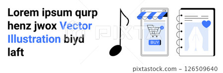 Mobile store with awning and BUY button on screen, decorative music note, notepad with heart and clothing design. Ideal for e-commerce, music apps, fashion blogs, online stores, digital marketing Mobile store with awning and BUY button on screen, decorative music note, notepad with heart and clothing design. Ideal for e-commerce, music apps, fashion blogs, online stores, digital marketing 126509640