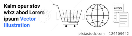 Shopping cart, globe, and invoice documents representing online shopping, global market, and billing. Ideal for eCommerce, global trade, invoicing software, business presentations, financial reports Shopping cart, globe, and invoice documents representing online shopping, global market, and billing. Ideal for eCommerce, global trade, invoicing software, business presentations, financial reports 126509642
