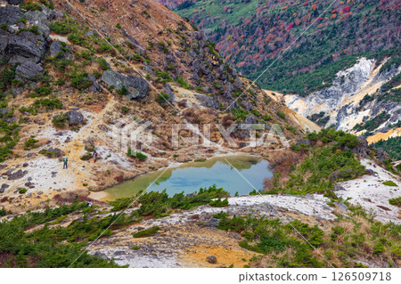 A pond and climbers on the ridge of Mt. Funamyojin, Adatara A pond and climbers on the ridge of Mt. Funamyojin, Adatara 126509718