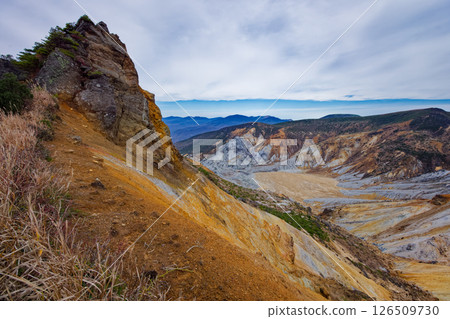 安達太良山、船明神山的岩石山峰以及沼野平的火山口盆地 安達太良山、船明神山的岩石山峰以及沼野平的火山口盆地 126509730