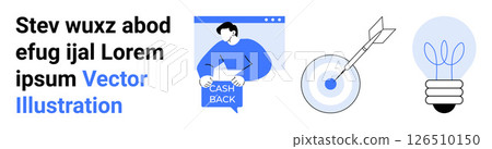 Person holding cash back sign next to a targeted arrow in a bullseye and a light bulb with sprout. Ideal for marketing, finance, strategy, goal setting, innovation, business, and presentations 126510150