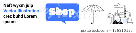 Vector with a blue shop icon text elements an umbrella and an industrial factory Ideal, for e-commerce websites protective services environmental industry and digital marketing Banner for landing page 126510153