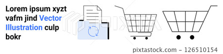 Paper document beside a download icon with two shopping cart illustrations. Ideal for e-commerce, digital documents, downloading services, online shopping platforms, retail websites, document Paper document beside a download icon with two shopping cart illustrations. Ideal for e-commerce, digital documents, downloading services, online shopping platforms, retail websites, document 126510154