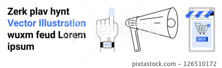 Hand with smart watch taps screen, megaphone announces, and shopping cart in store front. Ideal for digital marketing, mobile apps, e-commerce, online communication, tech tutorials, user interface Hand with smart watch taps screen, megaphone announces, and shopping cart in store front. Ideal for digital marketing, mobile apps, e-commerce, online communication, tech tutorials, user interface 126510172