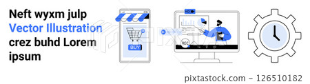 Smartphone with shopping cart, computer showing data analysis, clock gear. Ideal for e-commerce, digital marketing, online transactions, data analytics, business management, time efficiency, user 126510182