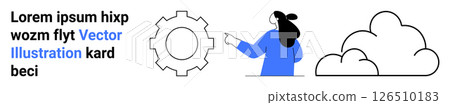 Woman pointing at a gear, highlighting a mechanical process next to a cloud symbol. Ideal for technology, cloud computing, engineering, process optimization, educational materials, mechanical 126510183