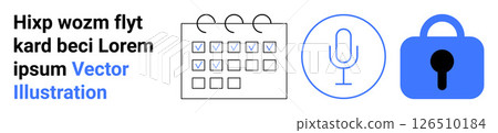 Calendar with checkboxes, microphone icon in circle, and locked padlock. Ideal for task management, productivity, events planning, voice recording, privacy, security, scheduling. Banner for landing 126510184