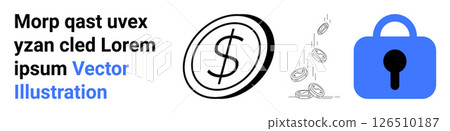 Dollar coin symbol, falling coins, and blue lock icon. Ideal for finance, banking, investments, data security, cybersecurity, fintech, and online transactions. Banner for landing page 126510187