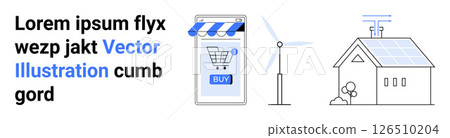 Mobile phone with shopping app, wind turbine, and solar-powered house. Ideal for e-commerce, technology, renewable energy, sustainability, green living, futuristic homes, smart home. Landing page 126510204