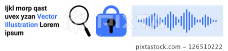 Magnifying glass, lock, and sound wave icons paired with text elements. Ideal for cybersecurity, data analysis, privacy, digital protection, audio processing, tech security, and online safety. Banner 126510222
