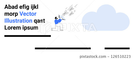Businessman catching flying ideas under a cloud with text and lines. Ideal for brainstorming, creativity, business strategy, innovation, project management, marketing campaigns, and educational 126510223