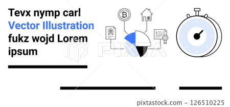 Business analytics concept with pie chart, stopwatch, cryptocurrency, certificate, money, and house icons. Ideal for financial analysis, time management, business presentations, investment planning Business analytics concept with pie chart, stopwatch, cryptocurrency, certificate, money, and house icons. Ideal for financial analysis, time management, business presentations, investment planning 126510225