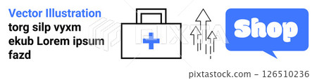 Medical kit with cross icon, upward arrows indicating trends, and blue speech bubble with word shop. Ideal for healthcare, online shopping, e-commerce, marketing, and business growth. Banner Medical kit with cross icon, upward arrows indicating trends, and blue speech bubble with word shop. Ideal for healthcare, online shopping, e-commerce, marketing, and business growth. Banner 126510236