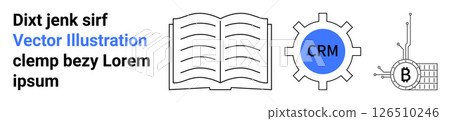 Open book, CRM gear symbol, Bitcoin digital circuit, random text. Ideal for educational websites, financial platforms, tech blogs, CRM tools, blockchain info, user manuals, landing page 126510246