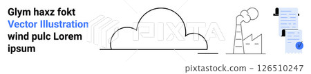 Black outline of a cloud, minimalist factory with smoke, and document with profile picture and checkmark. Ideal for environmental themes, industry, pollution, documentation, business, cloud services 126510247