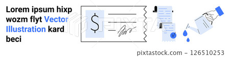 Check payment, signed document, hand pouring water on paper, text. Ideal for finance, banking, payment services, transactions, contractual agreements, financial planning, online forms. Landing page Check payment, signed document, hand pouring water on paper, text. Ideal for finance, banking, payment services, transactions, contractual agreements, financial planning, online forms. Landing page 126510253