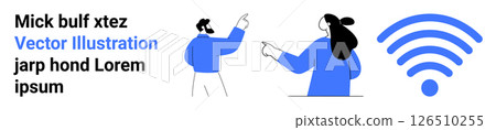 Two cartoon characters interact by pointing and discussing a topic near a large blue wireless symbol. Ideal for presentations, communication apps, educational materials, connectivity discussions 126510255