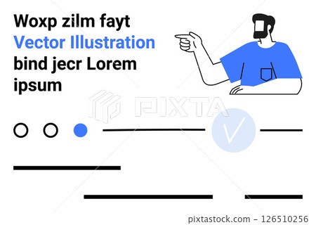 Bearded man pointing right, placeholder text, circles, lines, and checkmark. Ideal for tutorials, presentations, websites, infographics, apps, marketing materials social media posts Landing page Bearded man pointing right, placeholder text, circles, lines, and checkmark. Ideal for tutorials, presentations, websites, infographics, apps, marketing materials social media posts Landing page 126510256