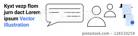 Speech bubble, two person icons, and documents with checkmarks. Ideal for business, collaboration, communication, presentations, team projects, digital documentation, social media. Landing page Speech bubble, two person icons, and documents with checkmarks. Ideal for business, collaboration, communication, presentations, team projects, digital documentation, social media. Landing page 126510259