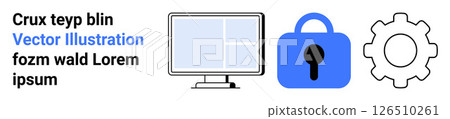 Computer screen, blue padlock, and gear icon. Ideal for tech, software development, security, IT services, programming, web design, tutorials. Banner for landing page Computer screen, blue padlock, and gear icon. Ideal for tech, software development, security, IT services, programming, web design, tutorials. Banner for landing page 126510261