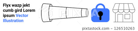 Telescope, blue padlock, and storefront illustration with placeholder text. Ideal for business security, online shopping, financial services, privacy protection, e-commerce, retail marketing 126510263