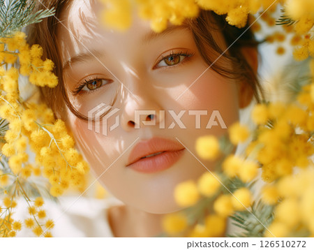 Beautiful profile of a woman surrounded by mimosa flowers 126510272