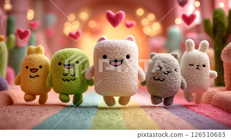 Cute kawaii plush toy characters with heart shapes floating above them in colorful soft environment full of warmth and joy 126510683