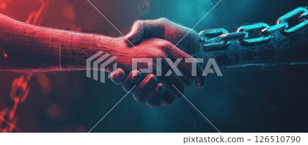 Digital handshake symbolizes blockchain secured business agreement, showcasing trust and innovation in technology 126510790