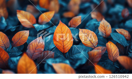Vibrant orange leaves stand out among dark green foliage, creating striking contrast 126510942