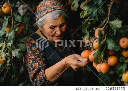 senior woman picking apples in orchard 126511255