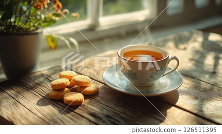 Cup of Tea and Biscuits on Wooden Table in Morning Light 126511395