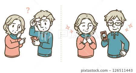 插圖集：一位老人因智慧型手機而感到困惑，一對老年夫婦欣慰地解決了問題 126511443