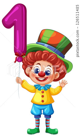 Cheerful Clown Holding Number One Balloon 126511485