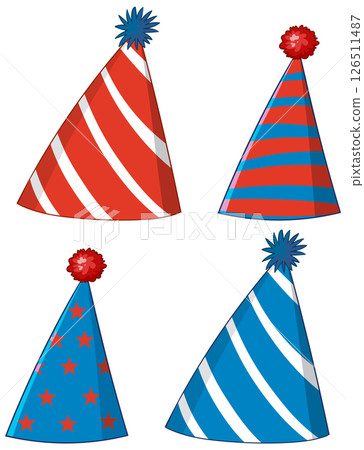 Festive Red and Blue Party Hats Illustration 126511487